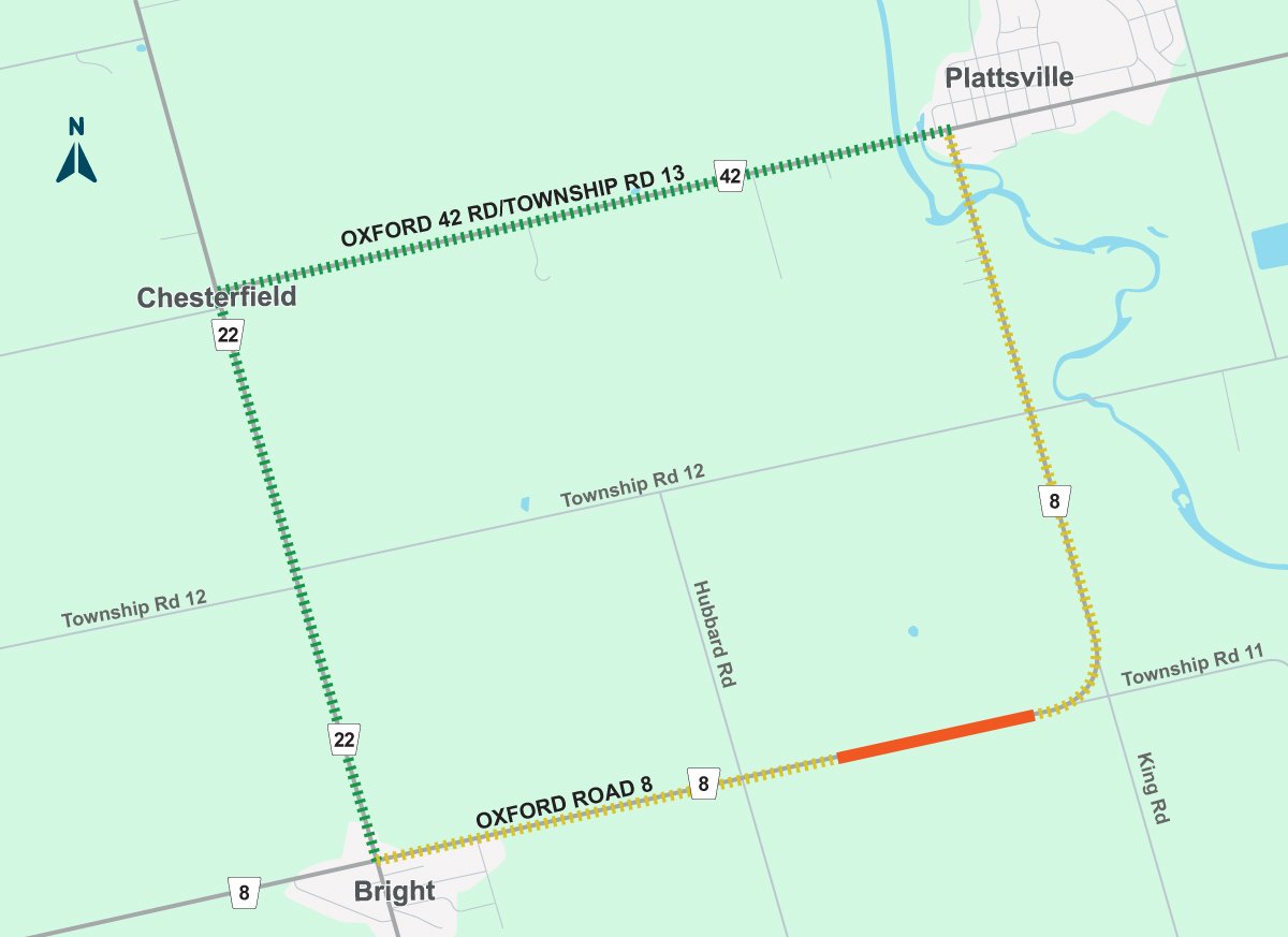 Oxford Road 8 culvert replacement in Blandford-Blenheim detour map